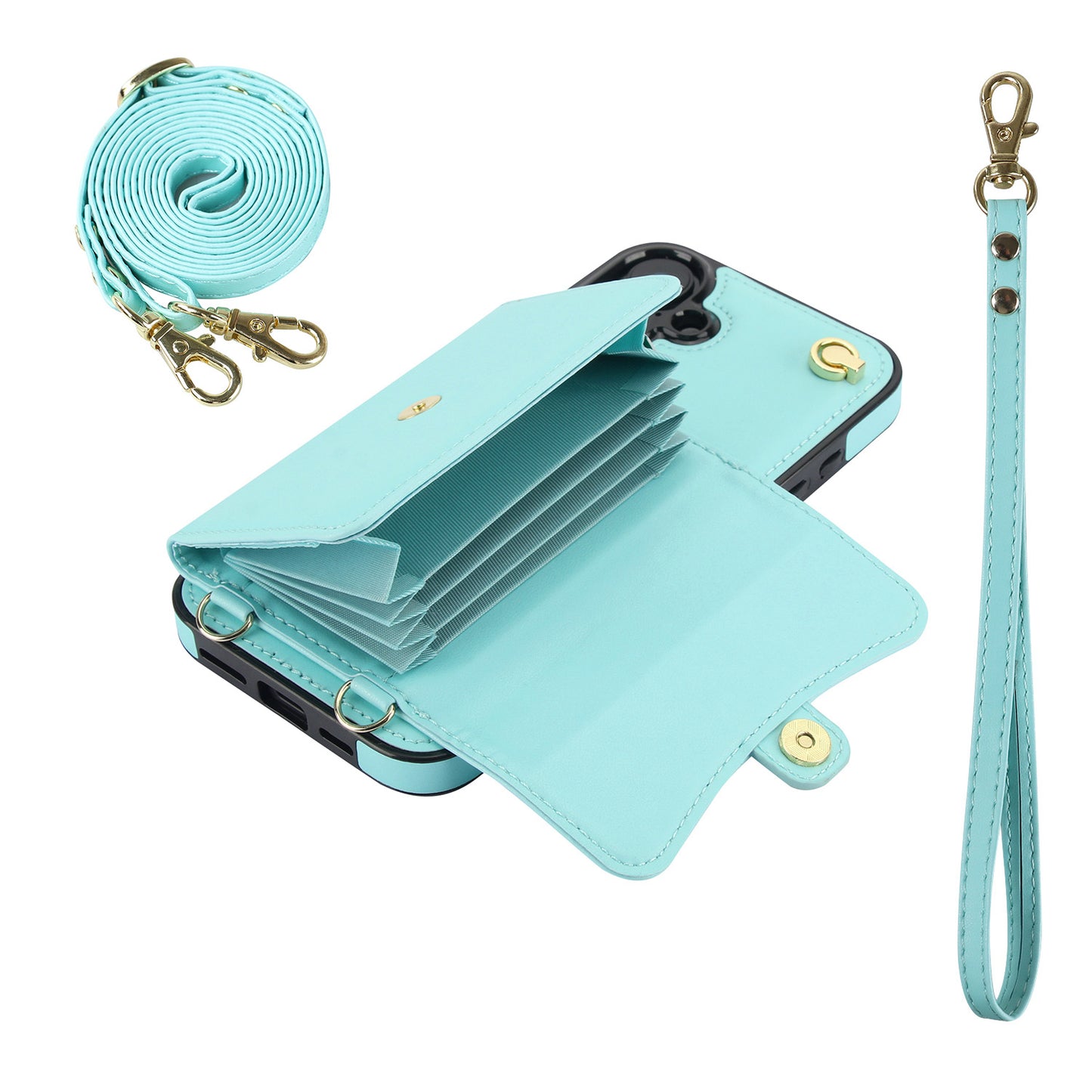 Crossbody Leather Detachable Adjustable Strap Wristlet Flip Case for iPhone 16 Plus, Blue