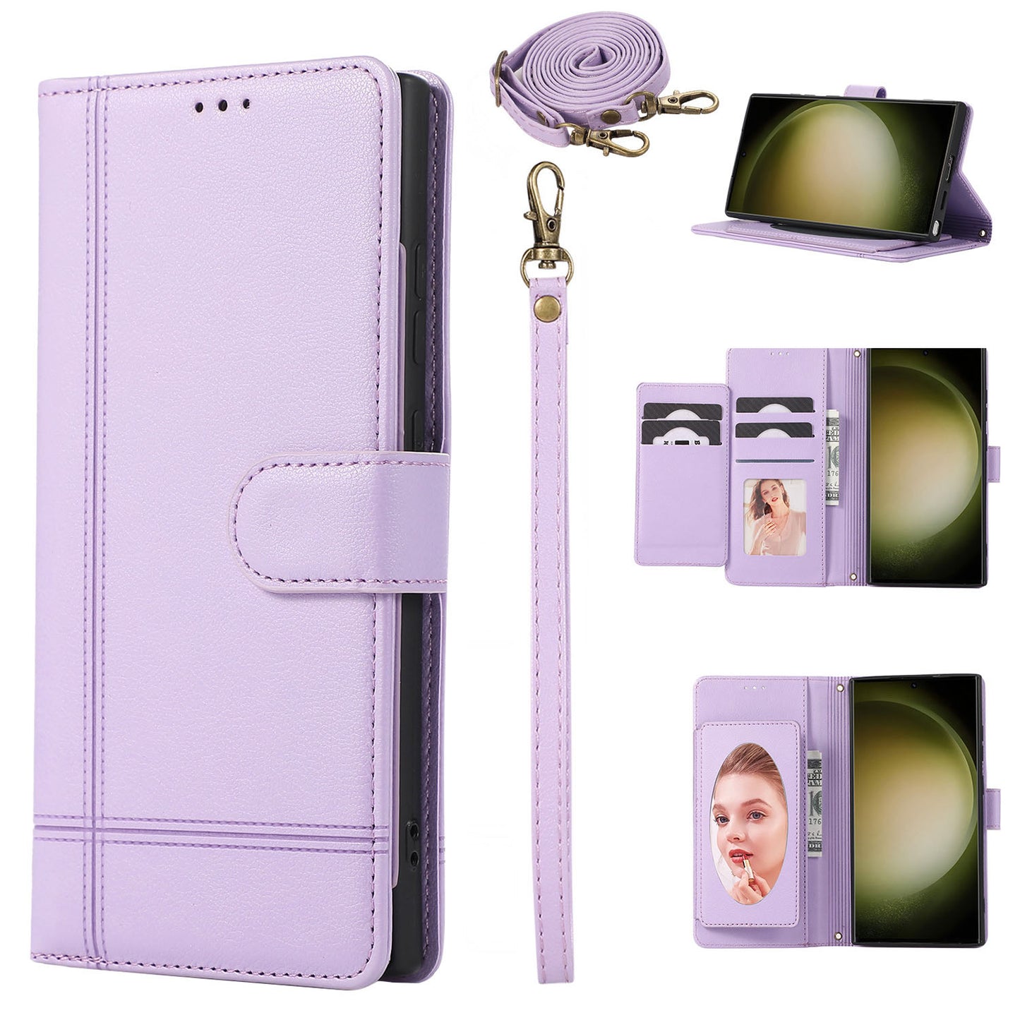 for Samsung Galaxy S24 FE Wallet Case with Adjustable Lanyard Strap Mirror Bracket, Purple