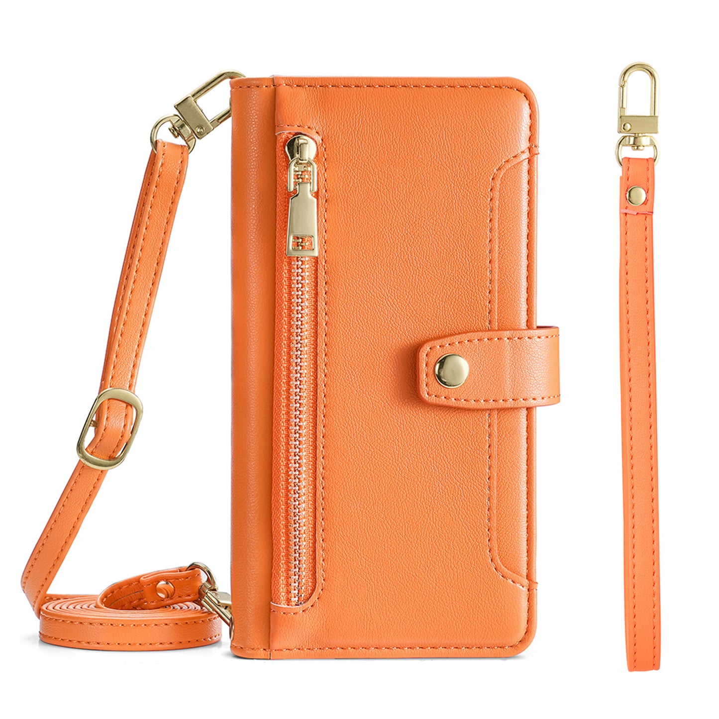 Wallet Case for Sharp AQUOS R9 with Adjustable Crossbody Lanyard, Orange