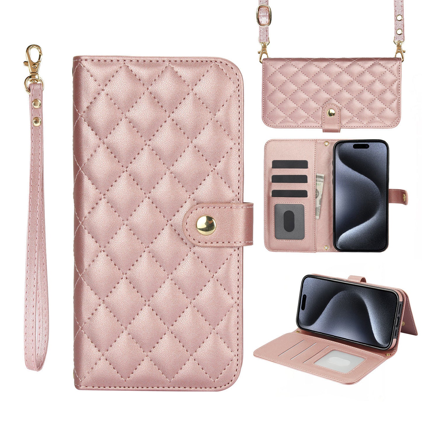 Quilted Leather Crossbody Wallet Case for iPhone 14 with RFID Blocking, Rose Gold