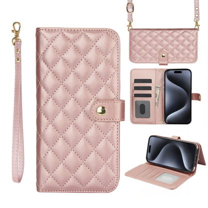 Quilted Leather Crossbody Wallet Case for iPhone 14 with RFID Blocking, Rose Gold