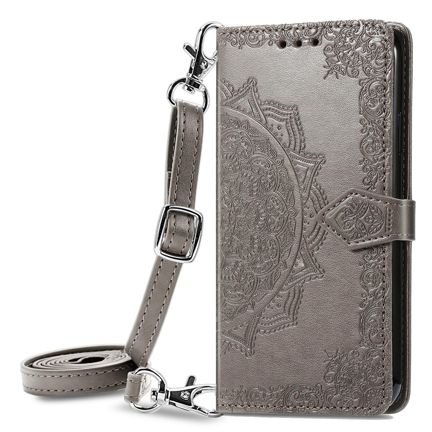 Mandala Pattern Crossbody Wallet Case for iPhone 16 Plus, Gray