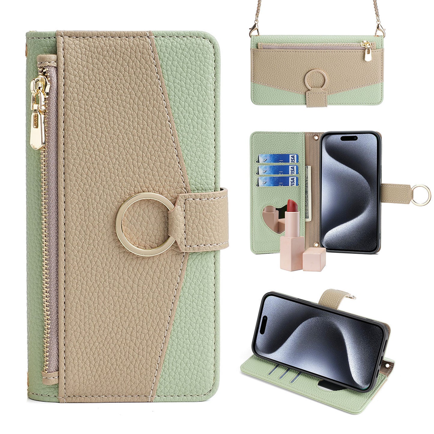 Zipper Wallet Case for iPhone 12 Pro with Chain Lanyard Strap Mirror Bracket, Green