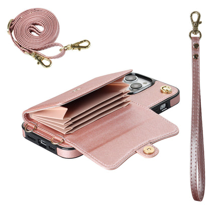 Crossbody Leather Detachable Adjustable Strap Wristlet Flip Case for iPhone 13 Pro Max, Rose Gold