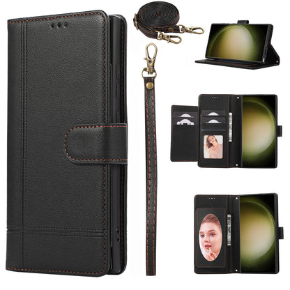 for iPhone 12 Wallet Case with Adjustable Lanyard Strap Mirror Bracket, Black