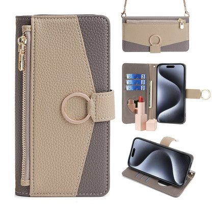 Zipper Wallet Case for Motorola Edge 50 Fusion with Chain Lanyard Strap Mirror Bracket, Gray