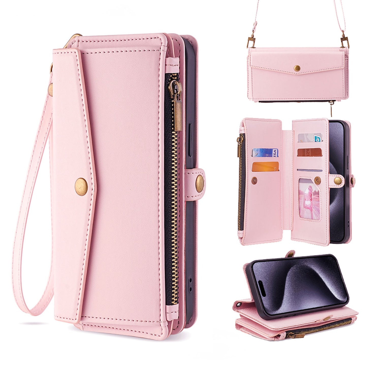 Crossbody for Samsung Galaxy A25 5G Case Wallet with 5 Card Holder Zipper Bills Slot, Pink