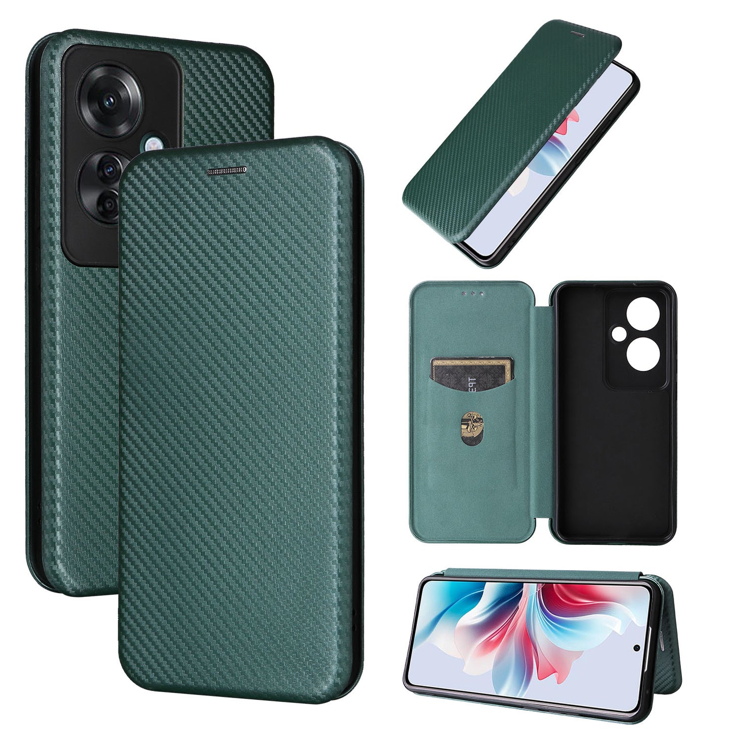 Carbon Fiber Flip Case for OPPO Reno11 A, Green