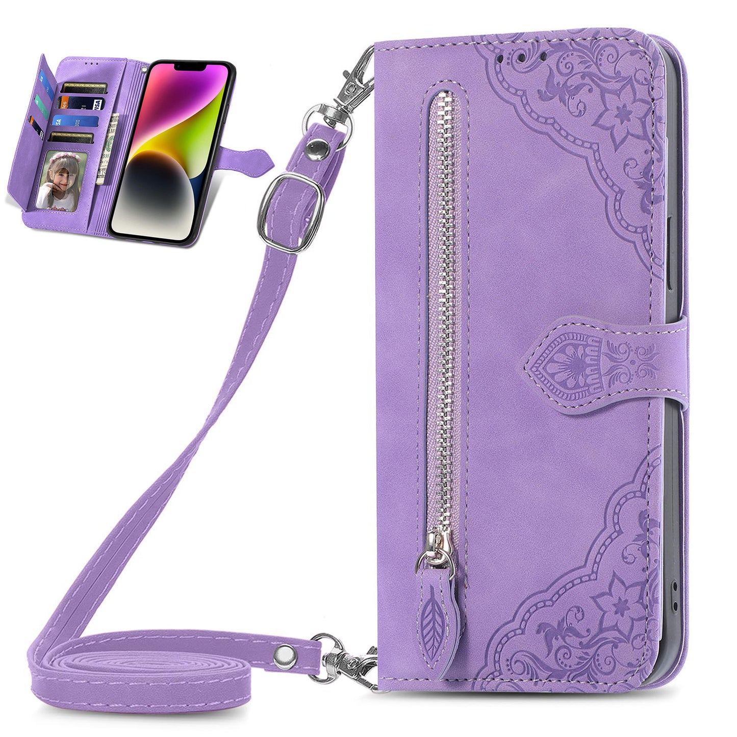 Crossbody Wallet Case Zipper Pocket Protective Cover for OnePlus 12, Purple