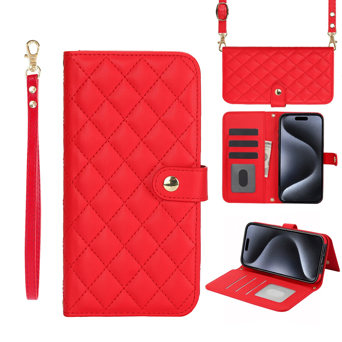 Quilted Leather Crossbody Wallet Case for iPhone 15 Plus with RFID Blocking, Red