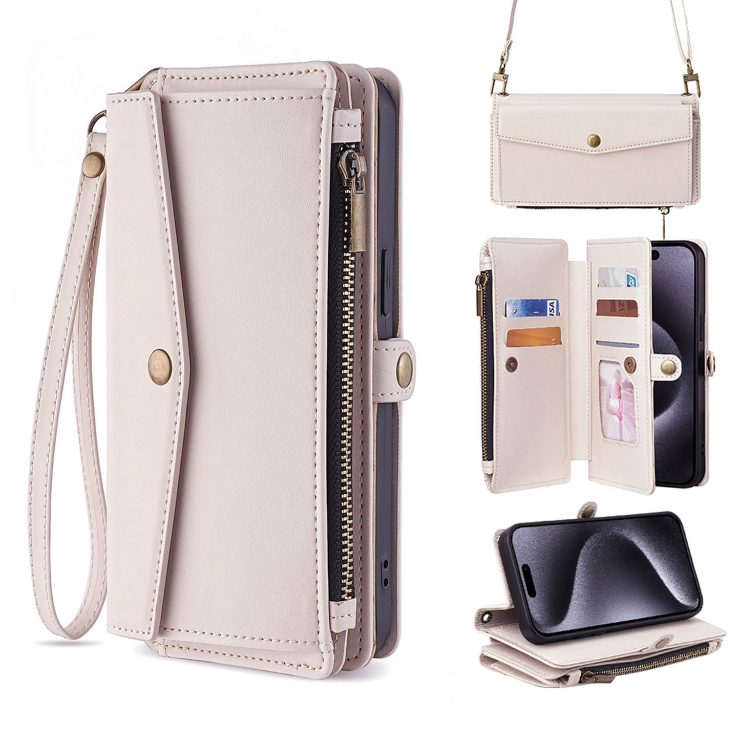 Crossbody for iPhone 14 Pro Case Wallet with 5 Card Holder Zipper Bills Slot, White