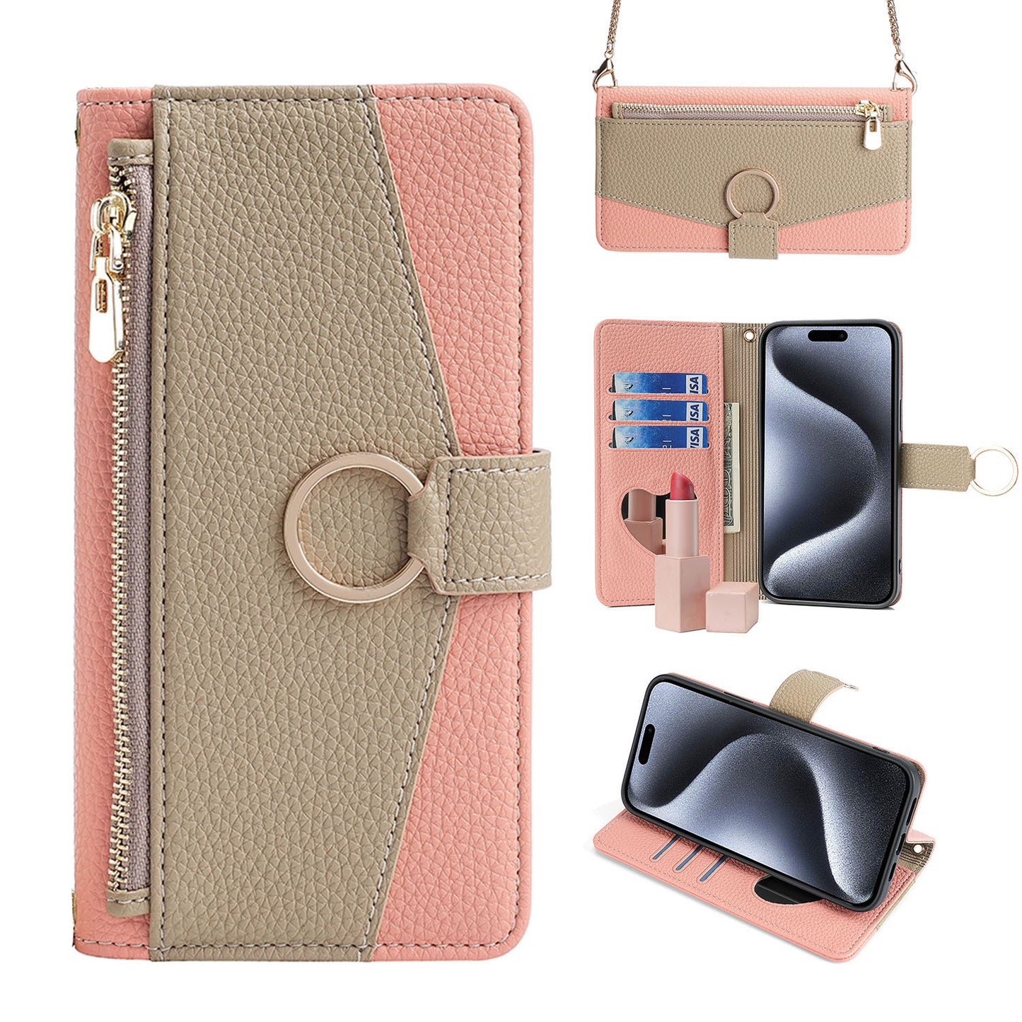 Zipper Wallet Case for Samsung Galaxy S24 Ultra with Chain Lanyard Strap Mirror Bracket, Pink