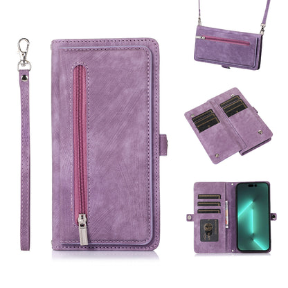 9 Card Slots Holder Zipper Pocket Case with Lanyard Flip Leather Cover for Redmi Note 14 5G, Purple