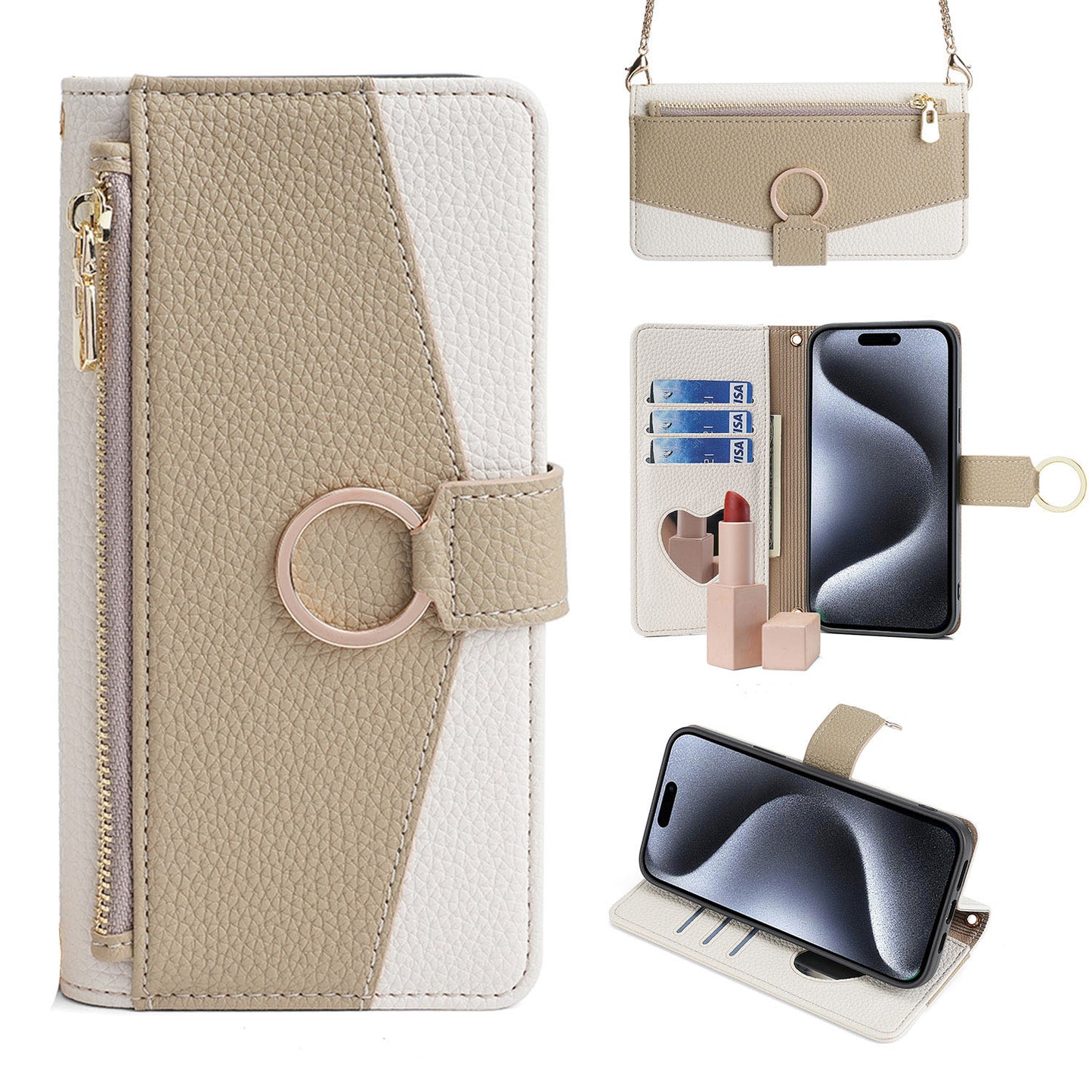 Zipper Wallet Case for OPPO Find X7 with Chain Lanyard Strap Mirror Bracket, White