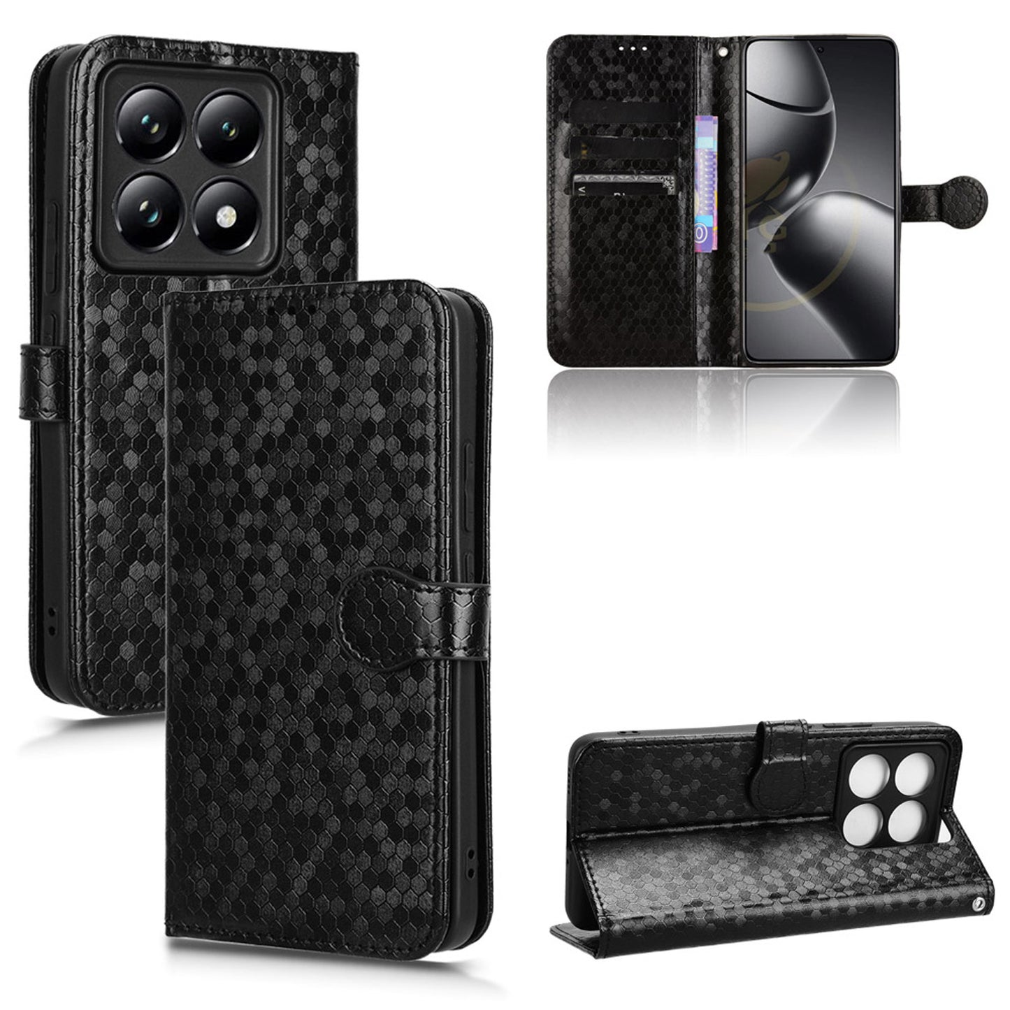 Slim Flip Polka-Dots Phone Case with Card Holder for Xiaomi 14T, Black