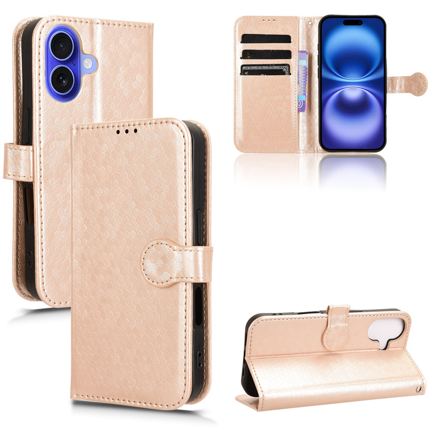 Slim Flip Polka-Dots Phone Case with Card Holder for iPhone 16, Rose Gold