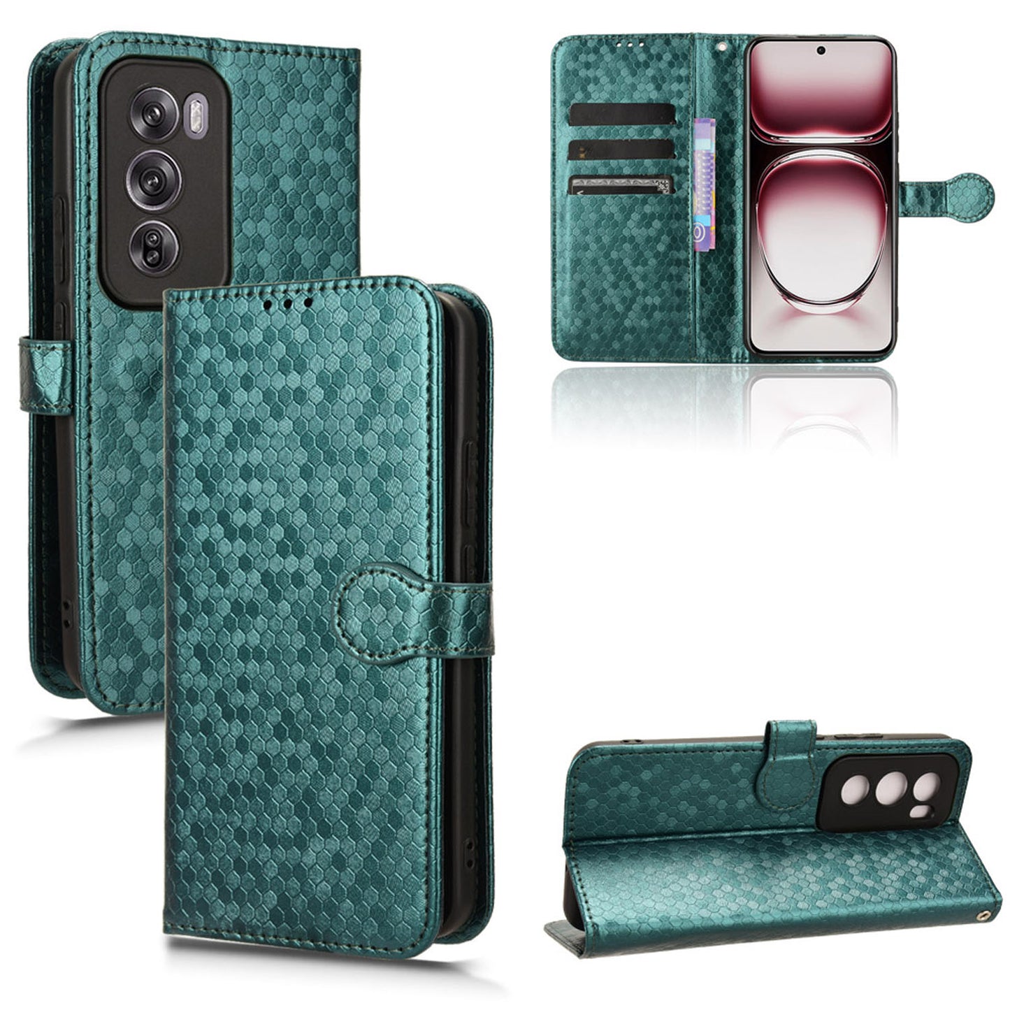 Slim Flip Polka-Dots Phone Case with Card Holder for OPPO Reno12 5G, Green