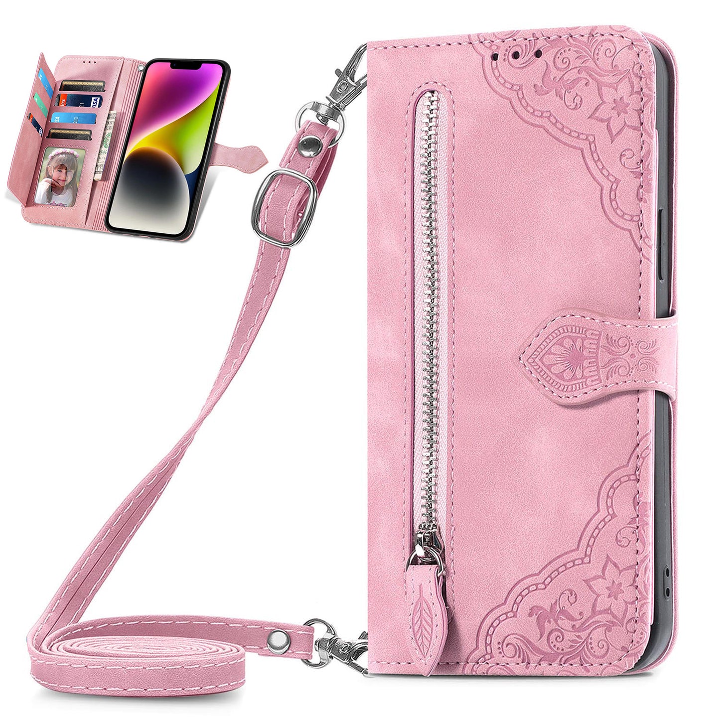 Crossbody Wallet Case Zipper Pocket Protective Cover for iPhone 12 Pro, Pink