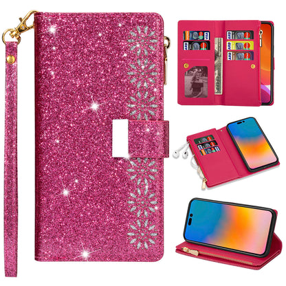 Glitter Leather Wallet Case for iPhone 16 Pro, Rose Red