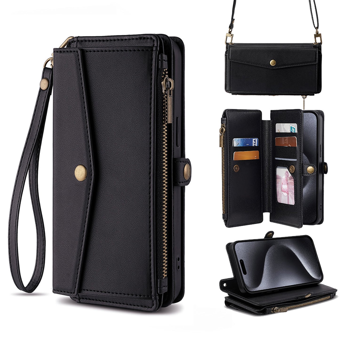 Crossbody for iPhone 15 Case Wallet with 5 Card Holder Zipper Bills Slot, Black