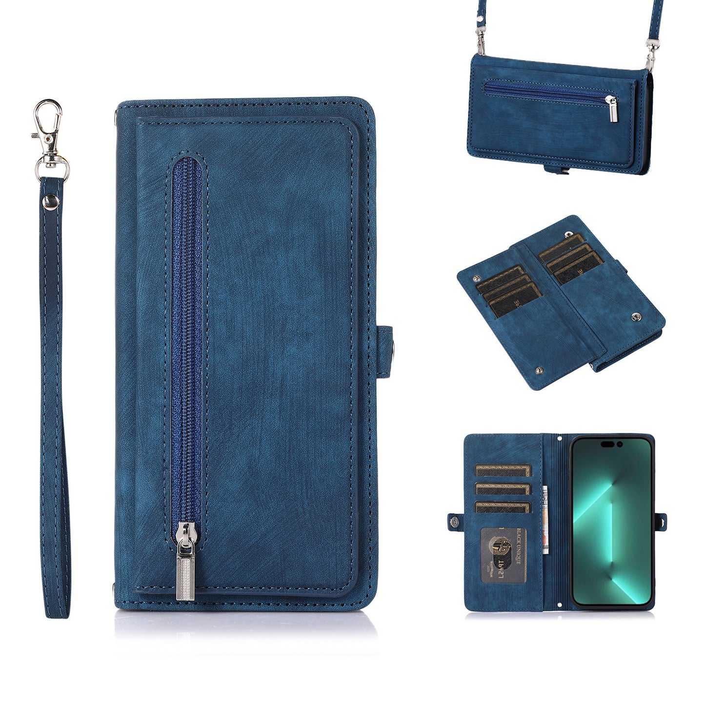 9 Card Slots Holder Zipper Pocket Case with Lanyard Flip Leather Cover for Samsung Galaxy S24, Blue