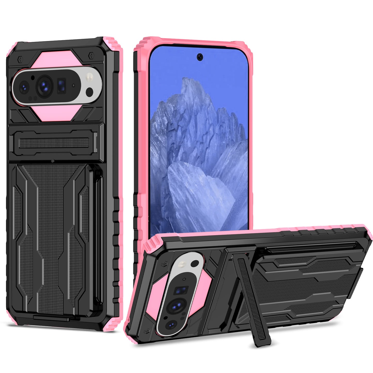 Detachable Card Holder Case with Kickstand Heavy Duty Cover for Google Pixel 9 Pro XL, Pink