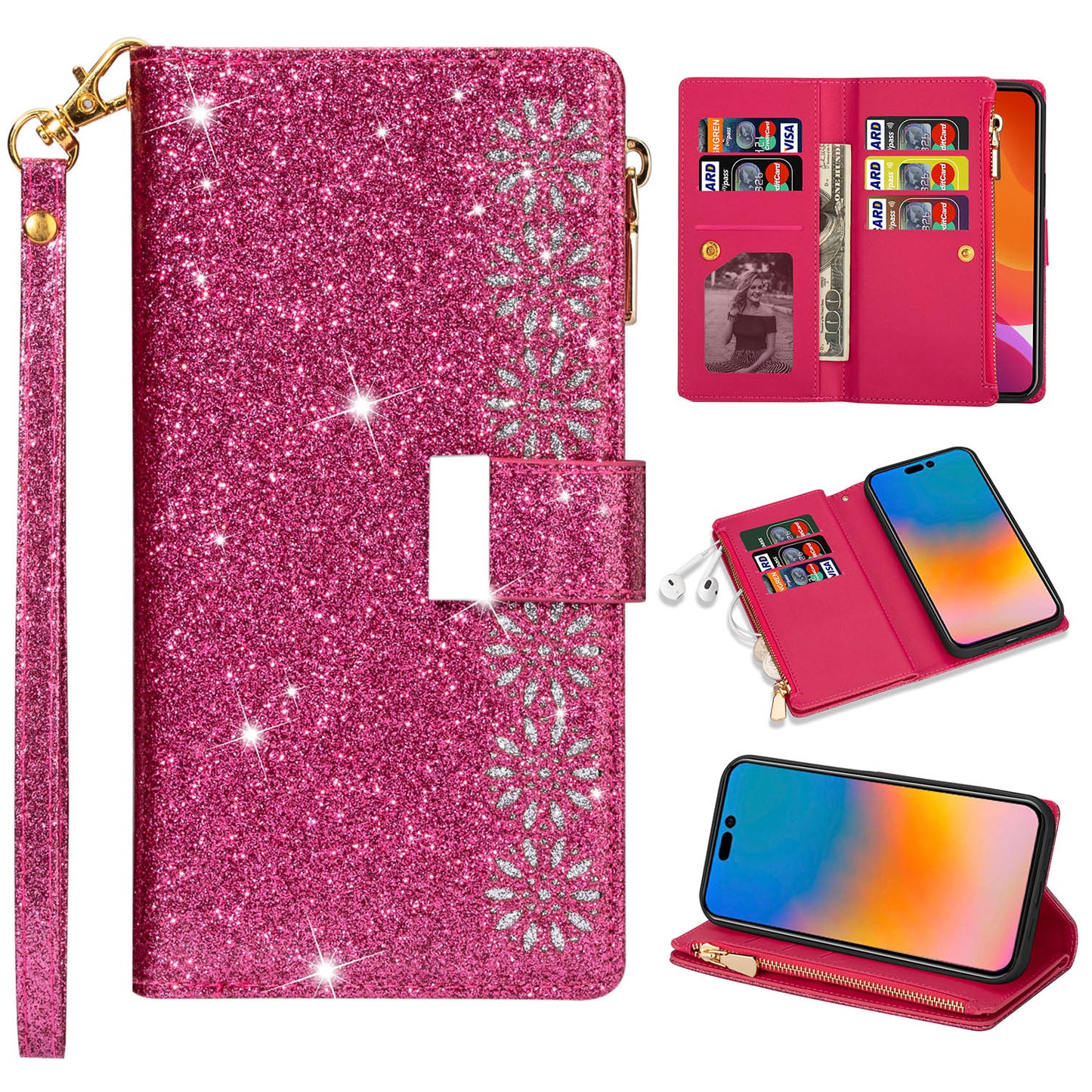 Glitter Leather Wallet Case for Samsung Galaxy A06, Rose Red