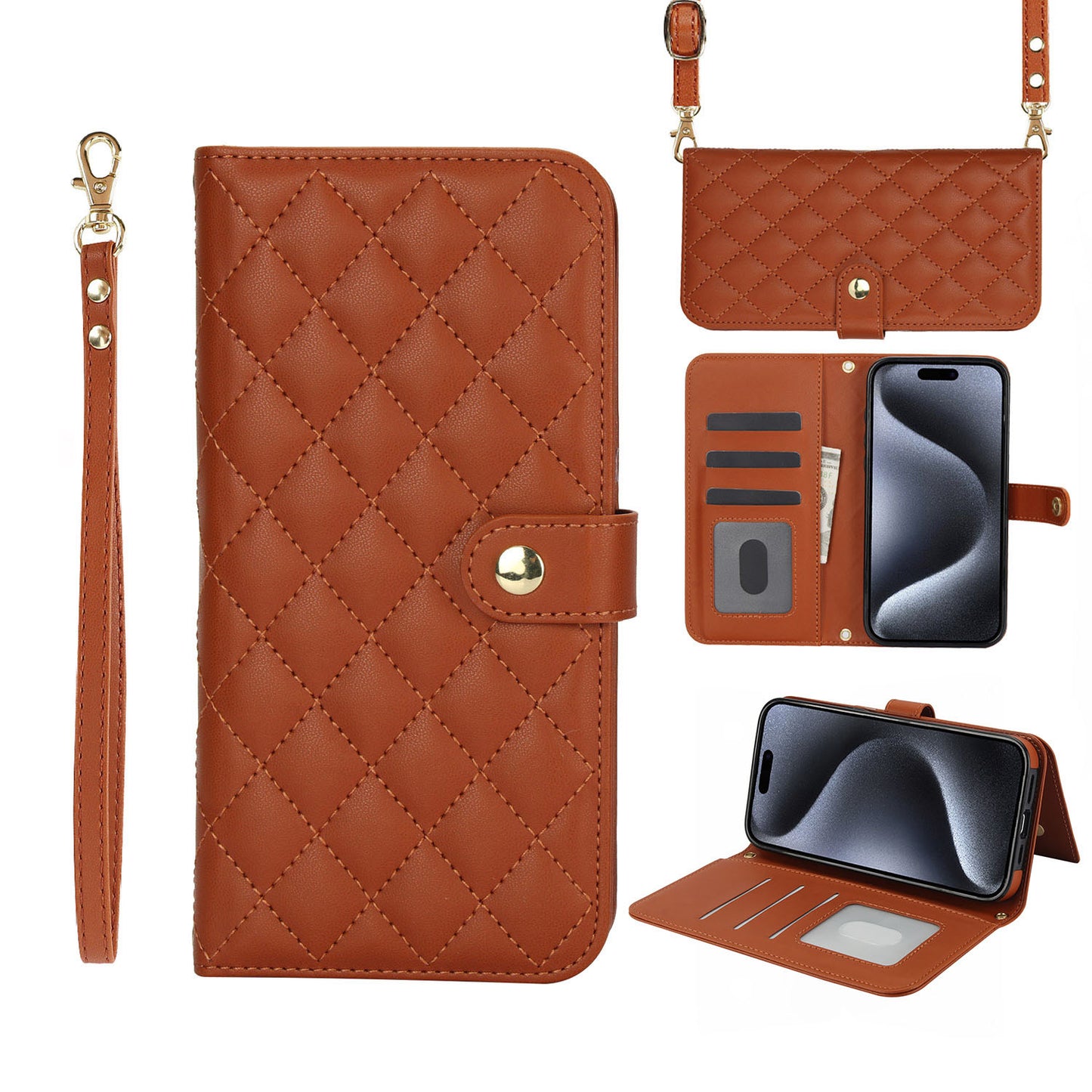 Quilted Leather Crossbody Wallet Case for iPhone 14 Pro with RFID Blocking, Brown