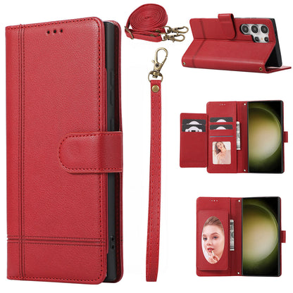 for Samsung Galaxy S22 Ultra Wallet Case with Adjustable Lanyard Strap Mirror Bracket, Red