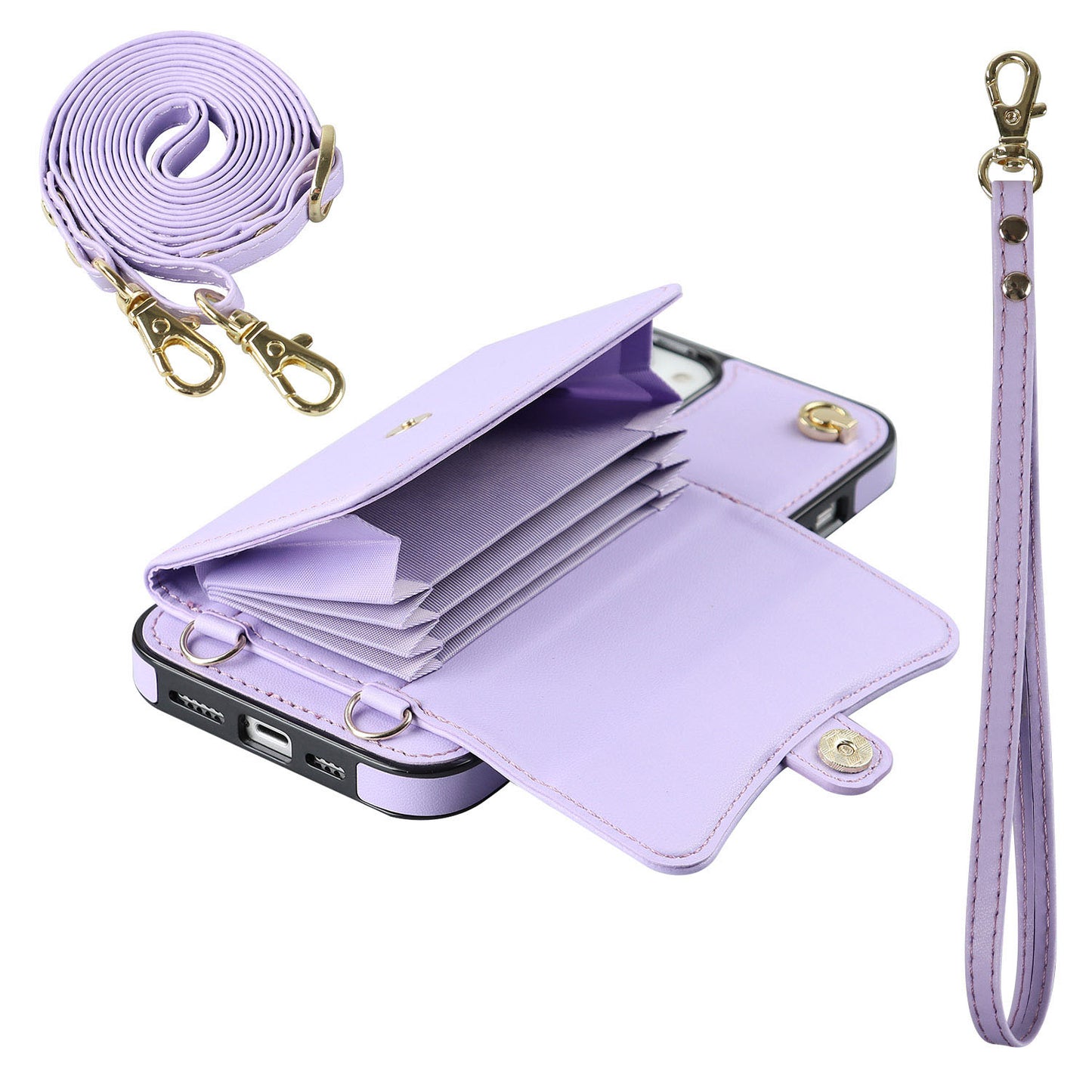 Crossbody Leather Detachable Adjustable Strap Wristlet Flip Case for iPhone 15 Plus, Purple