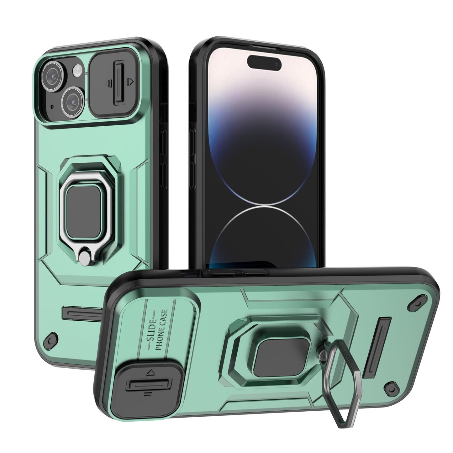 iPhone 15 Heavy Duty Shockproof Case with Built in Slide Camera Lens Cover and Kickstand, Green