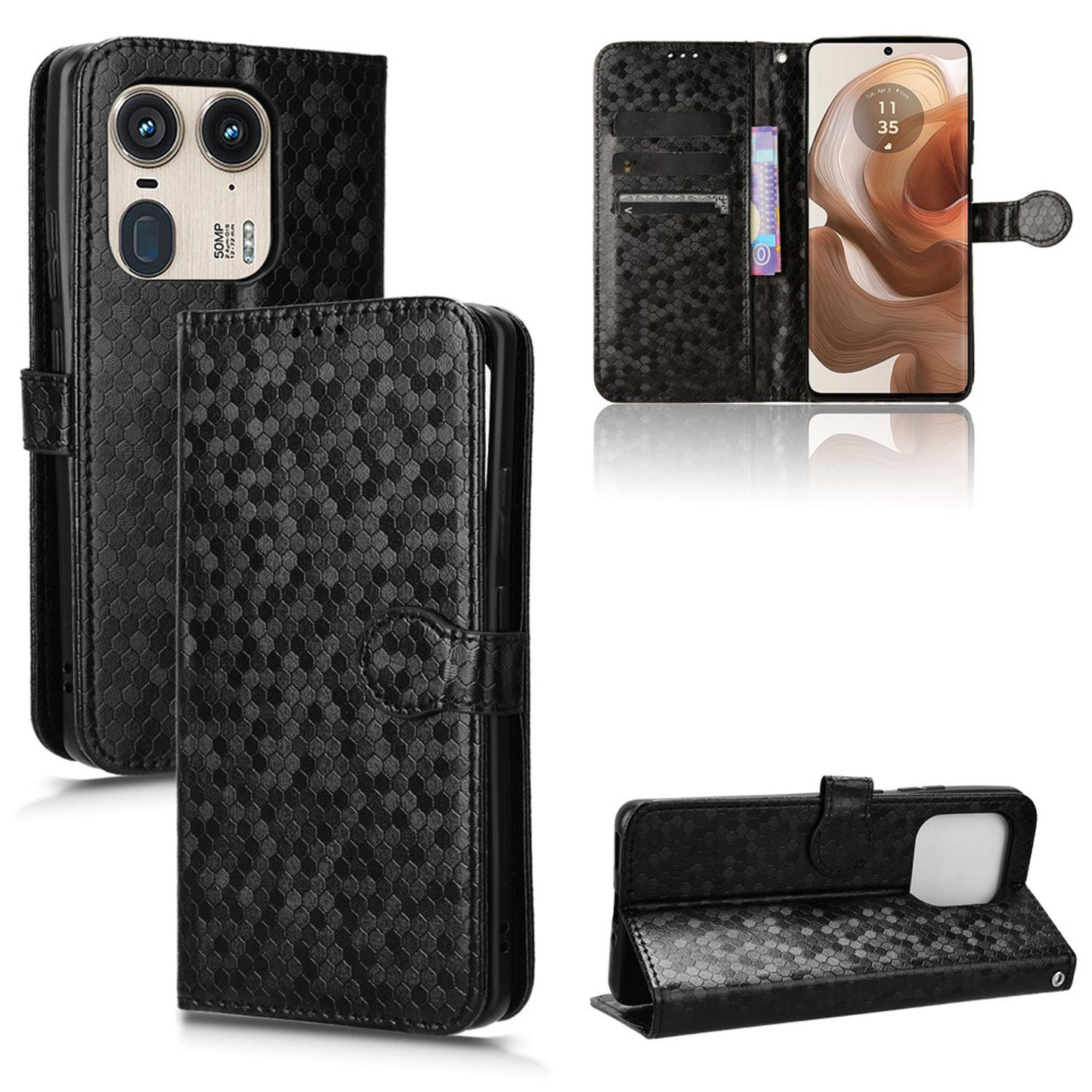 Slim Flip Polka-Dots Phone Case with Card Holder for Motorola Edge 50 Ultra, Black