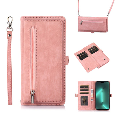 9 Card Slots Holder Zipper Pocket Case with Lanyard Flip Leather Cover for Xiaomi Redmi K60 Ultra, Rose Gold