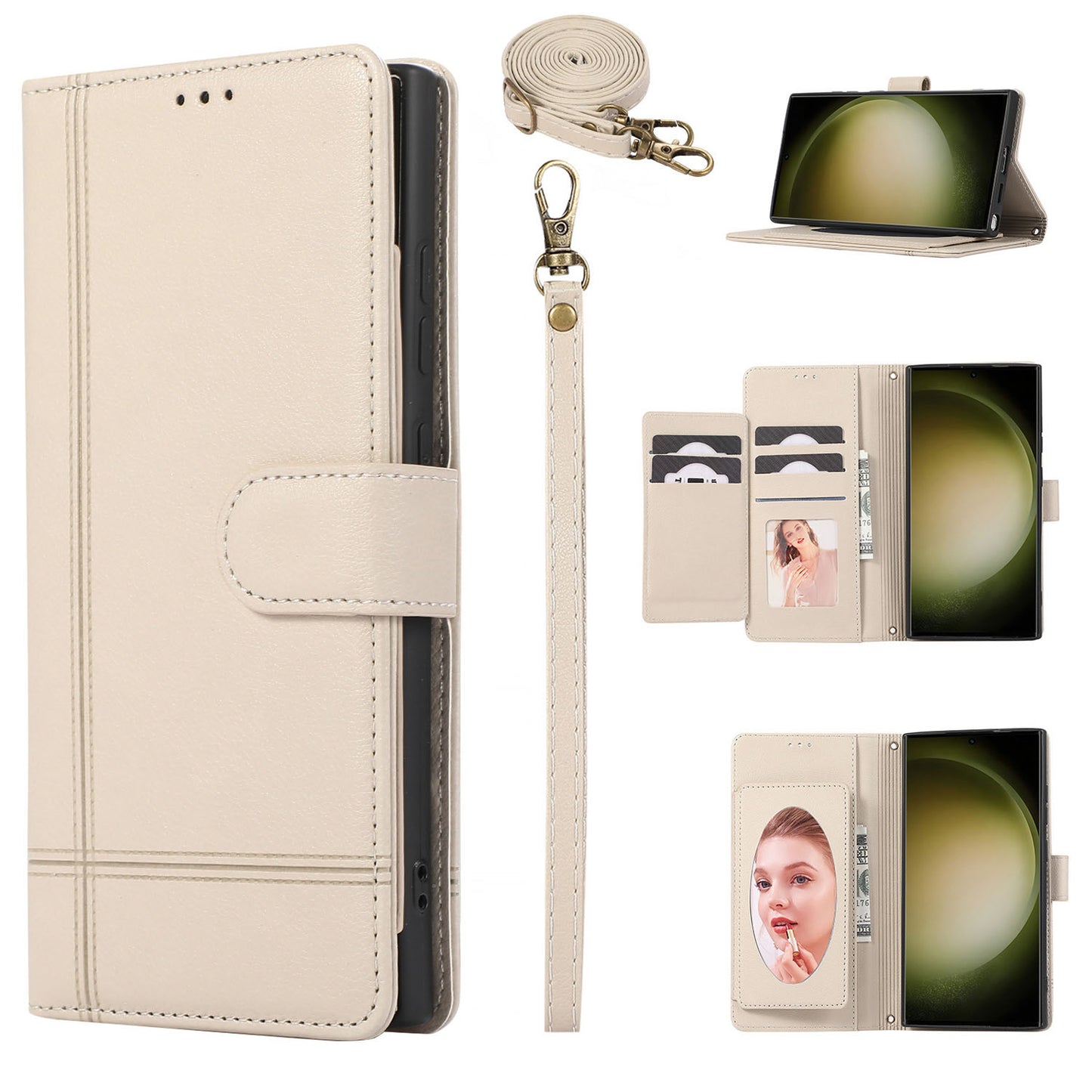 for Xiaomi 13T Wallet Case with Adjustable Lanyard Strap Mirror Bracket, Beige