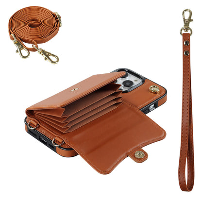 Crossbody Leather Detachable Adjustable Strap Wristlet Flip Case for iPhone 14 Pro Max, Brown