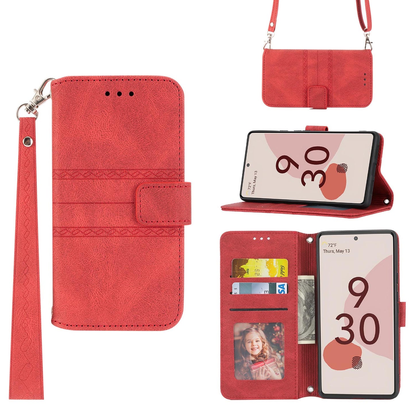 PU Leather Magnetic Clasp Case with Crossbody Strap Lanyard Case for Google Pixel 7 Pro, Red