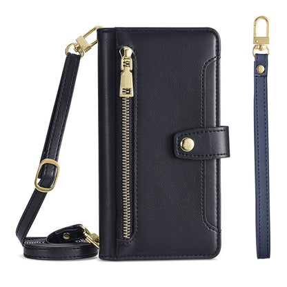 Wallet Case for iPhone 16 with Adjustable Crossbody Lanyard, Black