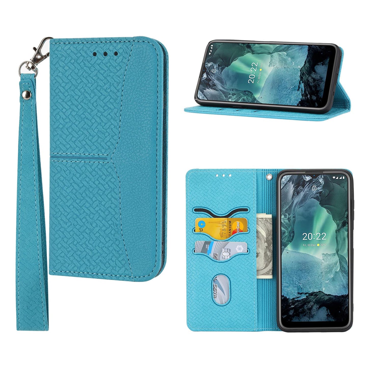 Wallet Case with Wrist Strap Magnetic Closure Flip Case for iPhone 14 Pro, Blue