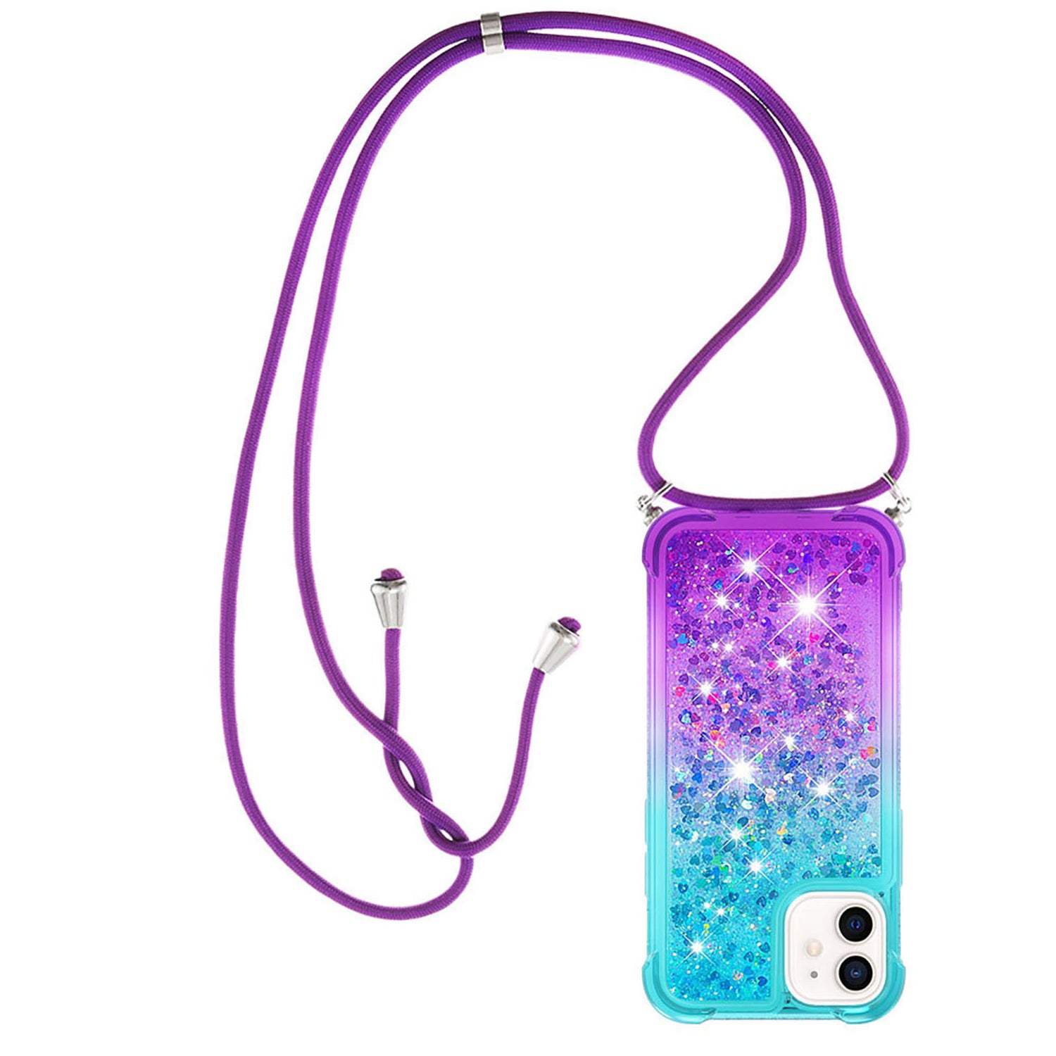 iPhone 12 Gradient Quicksand Liquid Shockproof Case with Adjustable Lanyard, B&P&LANYARD