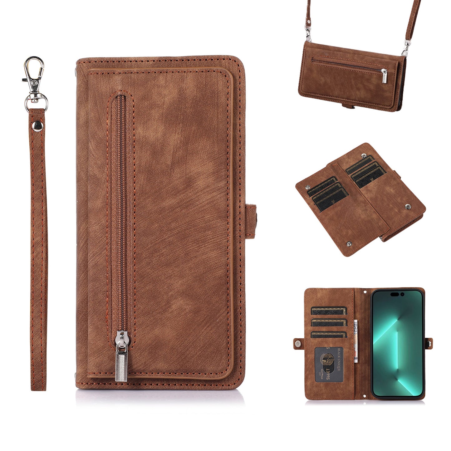 9 Card Slots Holder Zipper Pocket Case with Lanyard Flip Leather Cover for iPhone 16 Pro Max, Brown