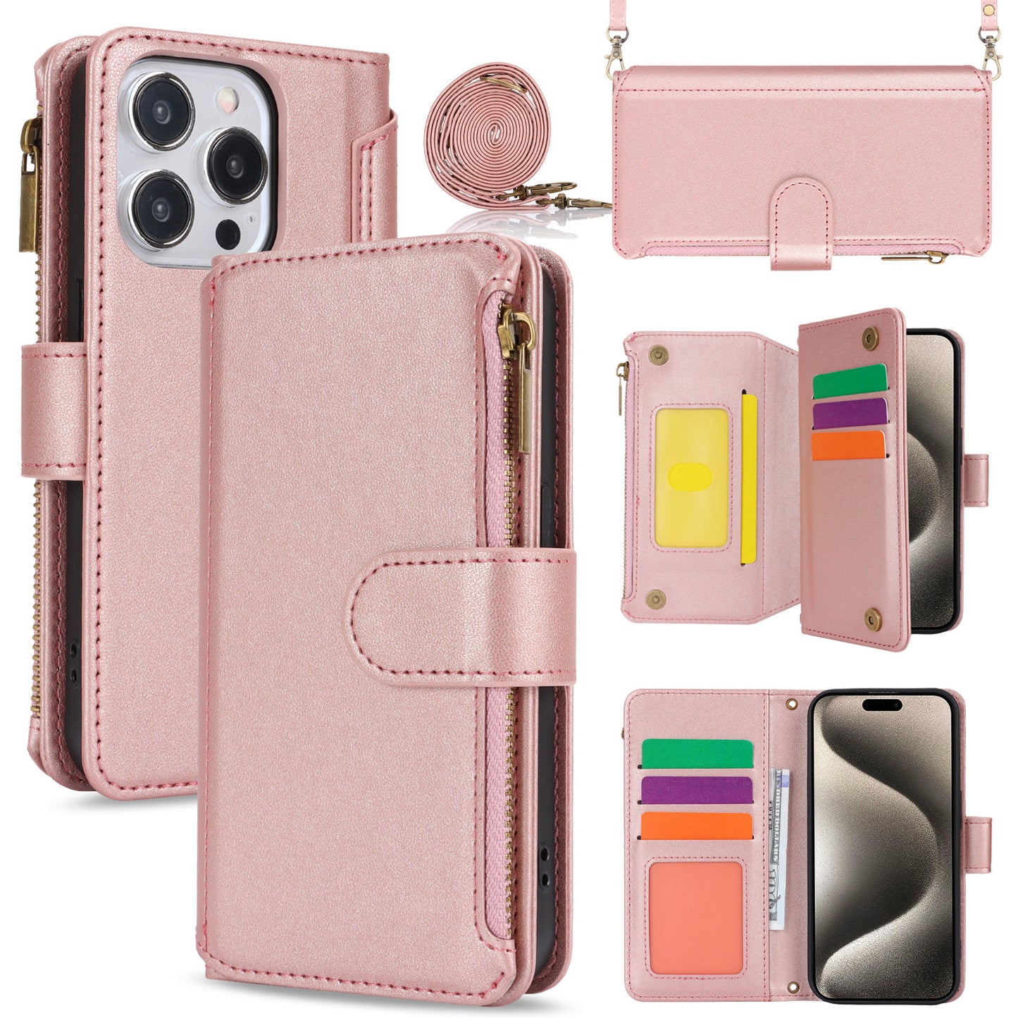 for iPhone 16 Pro Wallet Case with RFID Blocking, Rose Gold