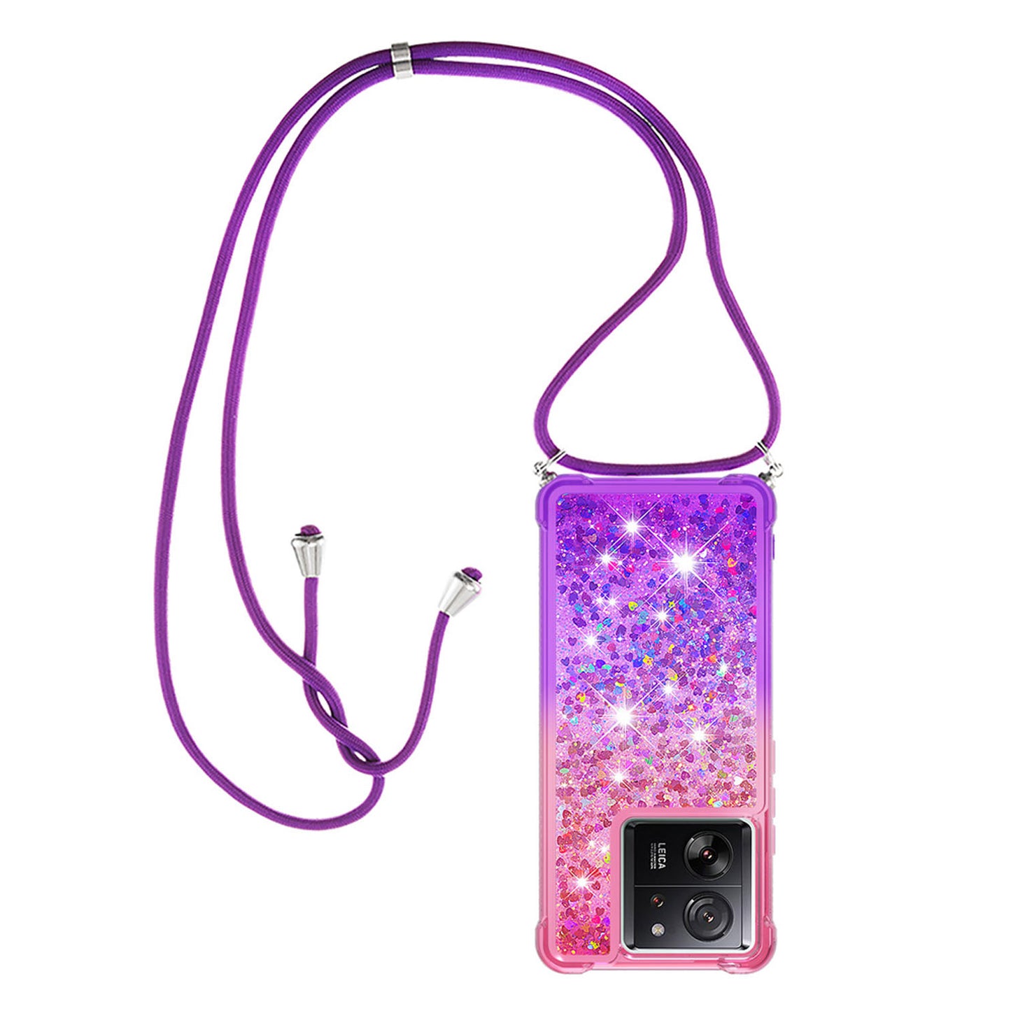 Xiaomi 13T Gradient Quicksand Liquid Shockproof Case with Adjustable Lanyard, PINK&P&LANYARD