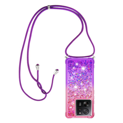 Xiaomi 13T Gradient Quicksand Liquid Shockproof Case with Adjustable Lanyard, PINK&P&LANYARD