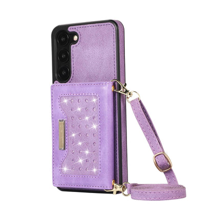 Crossbody Strap Bling Glitter Leather Flip Case for Samsung Galaxy S23, Purple