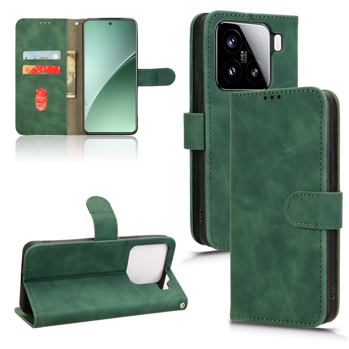 Wallet Case with Card Holder Flip Magnetic Protective Cover for Xiaomi 15 Pro, Green