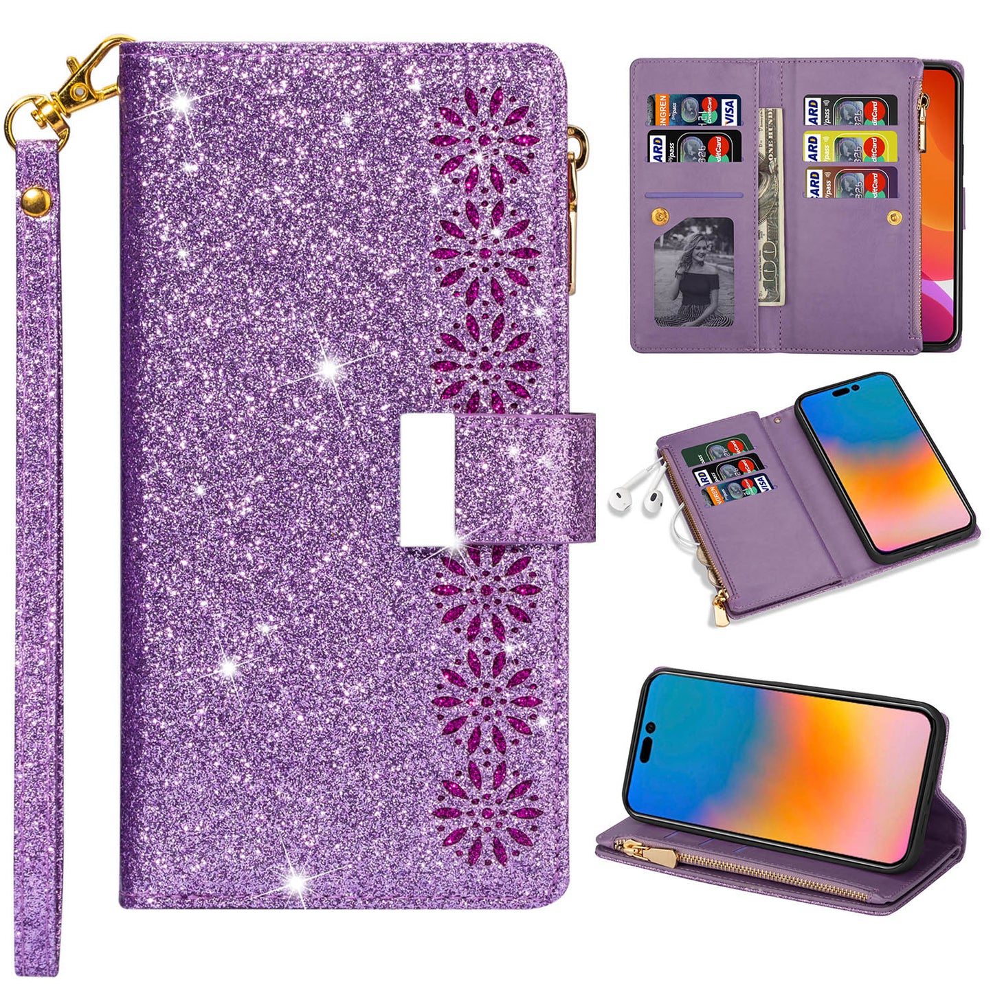 Glitter Leather Wallet Case for iPhone 16, Purple