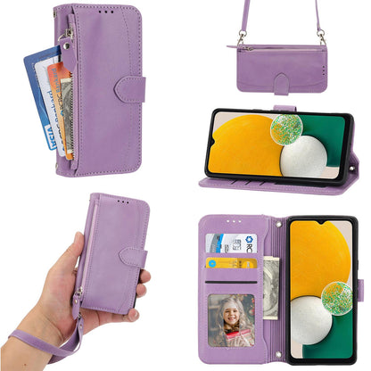 Removable Adjustable Crossbody Lanyard Zipper Flip Leather Case for Samsung Galaxy S24, Purple