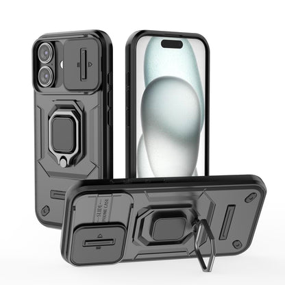 iPhone 16 Heavy Duty Shockproof Case with Built in Slide Camera Lens Cover and Kickstand, Black