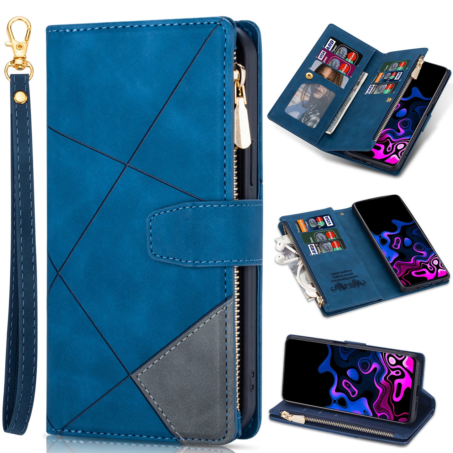 Zipper Flip Folio Wallet Case for Samsung Galaxy A06, Blue