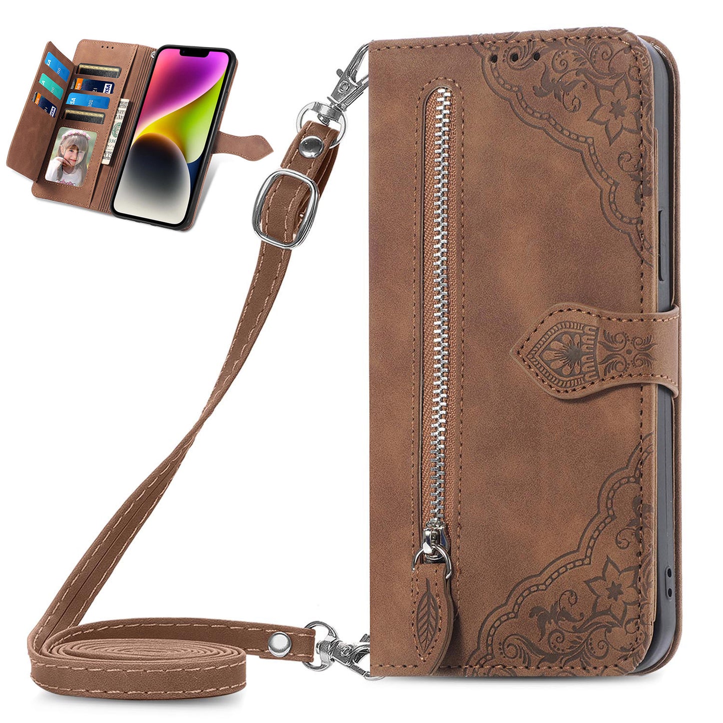 Crossbody Wallet Case Zipper Pocket Protective Cover for Xiaomi 13T Pro, Brown